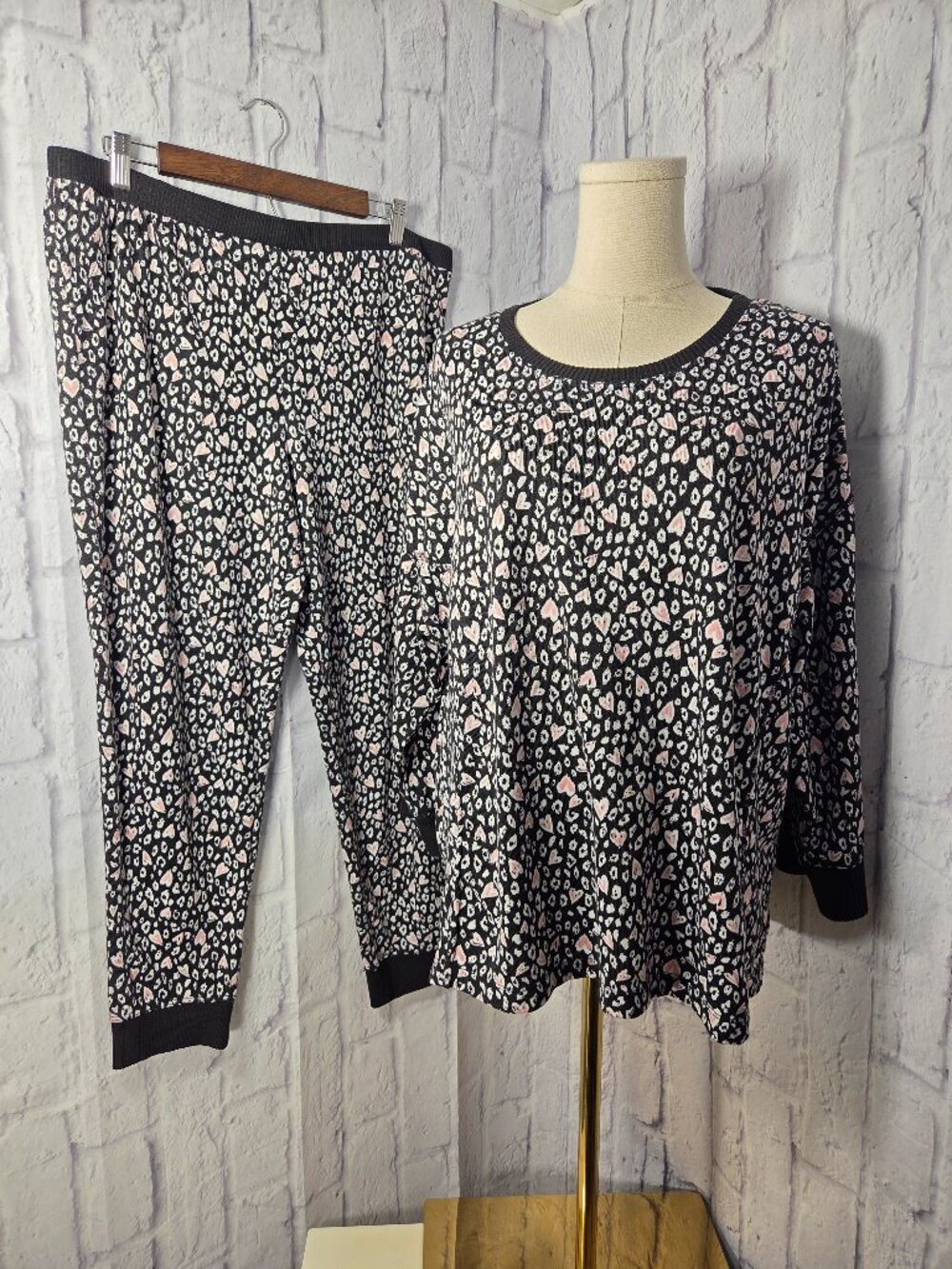 Cuddl Duds XL Black Pink Hearts 3/4 Sleeve Spring Fall Jogger Loungewear Pajama